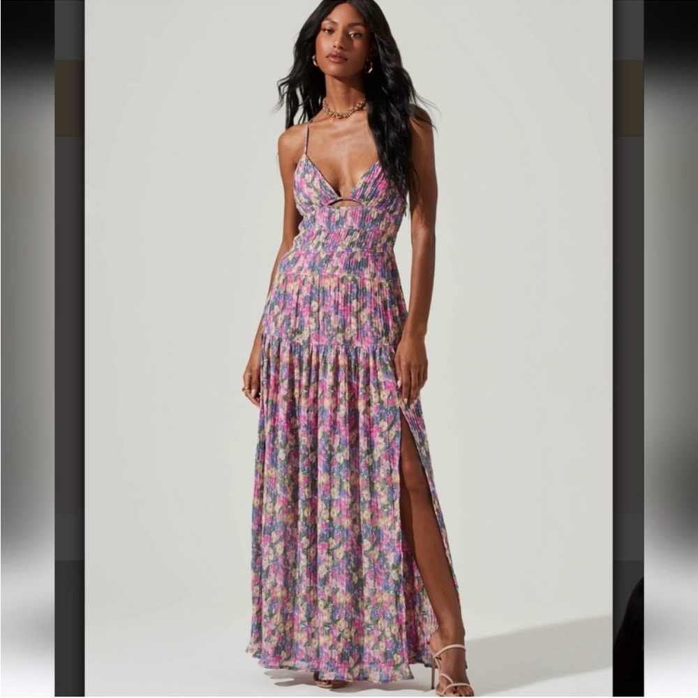 Tropics Plunge Neck Pleated Open Back Maxi Dress